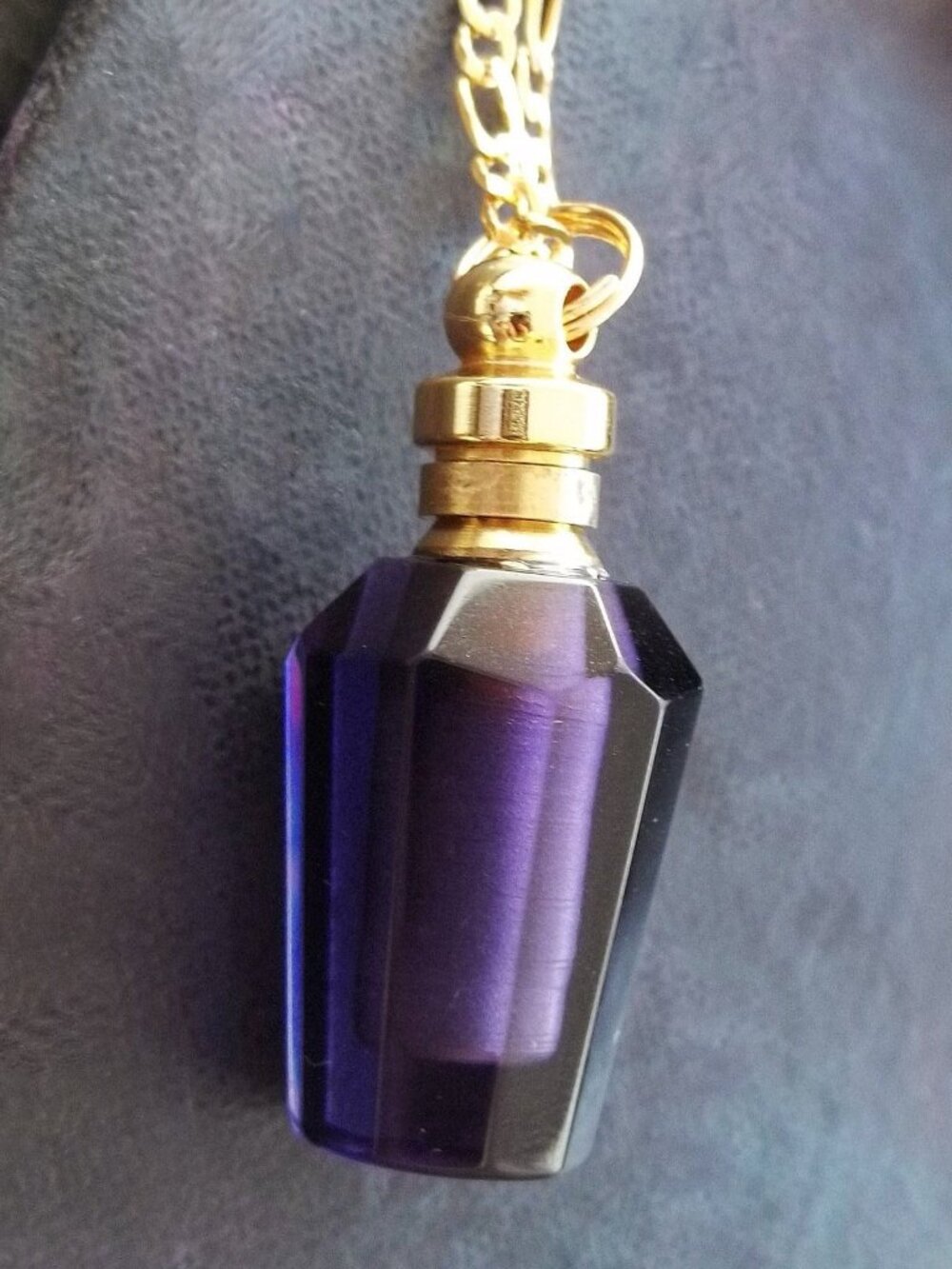 Amethyst Necklace Purple Crystal Perfume Bottle Pendant Gold Figaro Chain - Picture 5 of 9